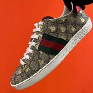 Gucci Ace Canvas Bee Pattern Fashion Sneakers for Men, Brown
